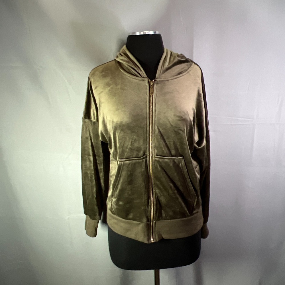 Felina Velour Hoodie Womens S Olive Green Ribbed Trim Full Zip Kangaroo Pocket